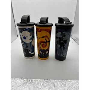 Tupperware Halloween Tumbler Set 16oz Ghost Black Cat Witch Flip Top Lids 3pc